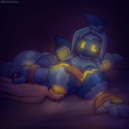 anthro areola bed big_breasts big_butt breasts butt duo female furniture genitals glowing handjob interspecies larger_female male male/female nipples nude penile penis pokemorph pokephilia sex size_difference thick_thighs yellow_areola blubluumon nintendo pokemon generation_5_pokemon golurk human mammal pokemon_(species) 1:1 hi_res