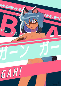 anthro blue_hair blush blush_lines brown_ears convenient_censorship dark_ears dipstick_hair dipstick_tail embarrassed facial_markings female glistening glistening_hair gloves_(marking) hair head_markings markings mask_(marking) multicolored_eyes nude slim solo tail tail_markings tan_body text dextrose_(artist) brand_new_animal studio_trigger michiru_kagemori canid canine mammal raccoon_dog tanuki english_text hi_res japanese_text