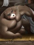 anthro asian_clothing belly big_belly black_nose blush brown_body brown_fur clothing east_asian_clothing fundoshi fur humanoid_hands japanese_clothing kemono male mature_anthro mature_male moobs nipples one_eye_closed overweight overweight_anthro overweight_male scar smoking solo underwear white_clothing white_fundoshi white_underwear inunodaidokoro bear mammal 2022 absurd_res hi_res