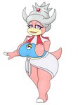 anthro big_breasts bottomwear breasts clothing crown female generation_2_pokemon headgear hi_res huge_breasts looking_at_viewer nintendo pink_body pokemon pokemon_(species) purple_eyes shellder_(slowking) shirt simple_background skirt slowking solo tail teeth topwear urusee584 white_background