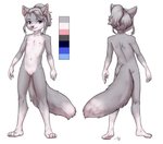 anthro blue_eyes female flat_chested fur genitals grey_body grey_fur grey_hair hair loli looking_at_viewer navel nipples nude pussy rear_view simple_background solo standing white_background young young_anthro young_female aogami alannah_(foulcritter) canid canine canis mammal wolf 2021 hi_res model_sheet signature