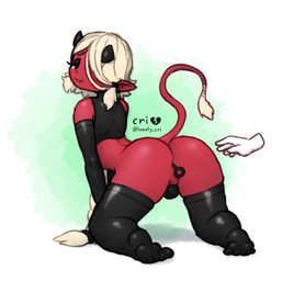 anal anal_beads anal_beads_in_ass anal_penetration anus armwear black_armwear black_clothing black_elbow_gloves black_gloves black_handwear black_horn black_legwear black_shirt black_tank_top black_thigh_highs black_topwear braided_hair braided_ponytail bulge bulge_from_behind clothing cream_hair disembodied_hand ear_piercing ear_ring elbow_gloves eyeshadow femboy gloves hair handwear horn kneeling legwear looking_at_viewer looking_back looking_back_at_viewer makeup male object_in_ass penetration perineum piercing pointy_ears ponytail presenting presenting_anus raised_tail red_body red_skin red_tail ring_piercing sex_toy sex_toy_in_ass sex_toy_insertion shirt simple_background solo tail tank_top text thigh_highs topwear lonely_cri junno_(cri) demon demon_humanoid humanoid artist_name