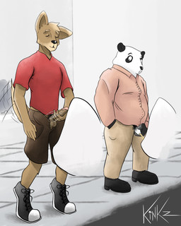 anthro bodily_fluids duo erection flaccid genital_fluids genitals humanoid_genitalia humanoid_penis male male/male masturbation peeing penile penile_masturbation penis public surprised toilet urinal urinal_peeking urine kinkz bear canid canine giant_panda mammal absurd_res hi_res