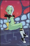 2016 absurd_res alien alien_humanoid areola artist_name black_border border bottomless breasts clothed clothing disney eyebrows female fingers footwear freckles gloves green_areola green_body green_skin haich hair half-closed_eyes handwear hi_res humanoid humanoid_pointy_ears inverted_nipples long_hair looking_at_viewer lord_dominator narrowed_eyes navel nipples noseless not_furry pink_sclera raised_clothing raised_topwear shoes sitting smile socks solo topwear wander_over_yonder white_hair