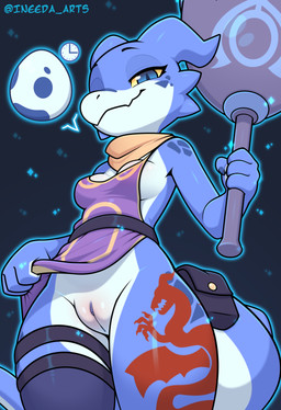 accessory anthro bag blue_body blue_eyes blush body_blush breasts cleavage clitoris clothed clothing clothing_aside clothing_lift dress dress_lift egg female flashing flashing_pussy furgonomics genitals holding_object holding_weapon impregnation_request lidded_eyes looking_at_viewer non-mammal_breasts non-mammal_vulva presenting presenting_vulva scarf side_boob smile solo tail tail_accessory tail_bag vulva vulva_blush weapon yellow_sclera conditional_dnp ineedanaccount kobold scalie absurd_res hi_res