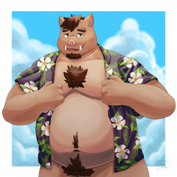 aloha_shirt anthro barely_visible_genitalia barely_visible_penis belly body_hair bottomless bottomless_male chest_tuft clothed clothing genitals happy_trail male moobs navel open_clothing open_shirt open_topwear overweight pattern_clothing pattern_shirt pattern_topwear penis penis_base shirt simple_background snout solo topwear tuft tusks breadpanda mammal suid suine sus_(pig) wild_boar 1:1 hi_res