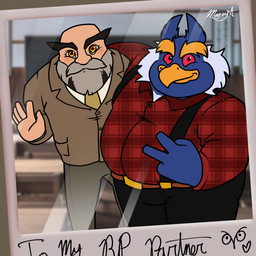 age_difference anthro arm_over_shoulder blurred_background blush clothed clothing duo eyebrows gesture hand_gesture looking_at_viewer male male/male older_male overweight overweight_male pattern_clothing photo plaid plaid_clothing polaroid_photo smile suit suspenders thick_eyebrows v_sign waving mage_period denis_damocles_(miraculous_ladybug) avian bird crested_penguin human mammal penguin rockhopper_penguin 1:1 absurd_res hi_res
