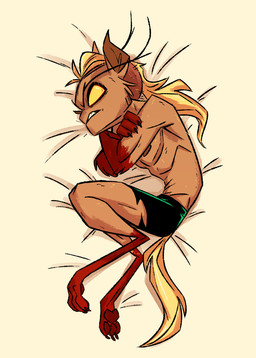 annoyed anthro blonde_hair bottomwear clothed clothing crossed_arms curled_up eyebrows female flat_chested frown fur hair high-angle_view long_eyebrows looking_offscreen lying mohawk mullet nipples on_side orange_body orange_fur pose shaved_sides simple_background skinny skinny_anthro skinny_female slim solo tail topless torn_clothing fluttershythekind mythology madeline_gevaudan canid canine mammal mythological_canine mythological_creature werecanid werecanine werecreature werewolf hi_res
