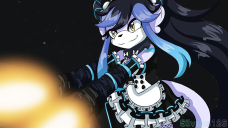 amber_eyes anthro black_hair blue_markings clothing female fishnet_clothing fishnet_legwear gatling_gun gun gun_arm hair horn legwear long_hair machine_gun maid_uniform markings minigun multicolored_body muzzle_flash ranged_weapon shooting simple_background solo two_tone_body uniform weapon weapon_arm white_body silvaze126 sega sonic_the_hedgehog_(series) maid_velatis velatis_ferio_caedo unknown_species