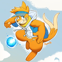 anthro blue_eyes clothing forearm_muscles fur grin hair hat headgear headwear male multicolored_body multicolored_fur orange_body orange_fur sleeveless_hoodie smile solo tail two_tone_body two_tone_fur visor_cap buizelcream ponyanony game_freak nintendo pokemon roie_(character) buizel generation_4_pokemon pokemon_(species) 1:1