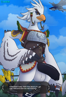 anthro armor balls beak big_balls big_penis bodily_fluids clothed clothing cum cum_drip dialogue dripping erection feathered_wings feathers genital_fluids genitals huge_penis humanoid_genitalia humanoid_penis looking_at_viewer male outside penile penis plant precum precum_drip presenting presenting_balls presenting_penis sky smile solo speech_bubble standing tail text throbbing throbbing_penis topwear weapon white_body white_feathers wind wings yellow_eyes conditional_dnp varium breath_of_the_wild nintendo the_legend_of_zelda divine_beast_vah_medoh teba_(tloz) avian bird rito digital_media_(artwork) english_text hi_res