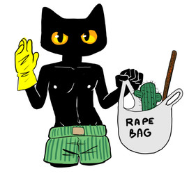 anthro black_body black_fur bottomwear cactus clothing ears_up forced fur gloves handwear looking_at_viewer male navel nipples pants plant rape sex solo stick text yellow_eyes unknown_artist seamus_(4ypercub3d) domestic_cat felid feline felis mammal