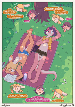 5_fingers 5_toes anthro barefoot bedding bikini blanket blush blush_lines book bulge clothed clothing clothing_lift color_coded color_coded_speech_bubble conjoined_speech_bubble countershade_face countershade_neck countershade_tail countershade_torso countershading dialogue exhibitionism eyebrow_through_hair eyebrows feet female fingers fur grass hair jewelry linked_speech_bubble long_ears lying lying_on_ground navel necklace on_back on_front on_ground open_mouth outside page_number park philtrum picnic pink_body pink_skin plant public pupils reading reading_book shirt shirt_lift speech_bubble sunny swimwear tail tan_body tan_fur text title toes topwear translucent translucent_hair two-piece_swimsuit undressing white_body white_fur conditional_dnp funkybun rose_(funkybun) sophie_(funkybun) amphibian lagomorph leporid mammal rabbit salamander artist_name comic digital_media_(artwork) english_text hi_res trans_(lore) trans_woman_(lore)
