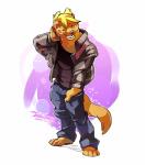 anthro barefoot biped blonde_hair brown_body brown_fur clothed clothing eyes_closed facial_markings feet fur hair head_markings male markings solo super-tuler seth_häser herpestid mammal mongoose hi_res