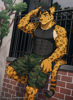 abs anthro biped black_hair black_spots bottomwear camo camo_bottomwear camo_clothing camo_print camo_shorts clothed clothed_male clothing front_view fully_clothed fully_clothed_male fur green_eyes hair male markings pattern_bottomwear pattern_clothing pattern_shorts pecs shirt shorts solo spots spotted_body spotted_fur standing tail tank_top tight_clothing tight_shirt tight_tank_top tight_topwear topwear water wet yellow_body yellow_fur husdingo felid feline jaguar mammal pantherine hi_res