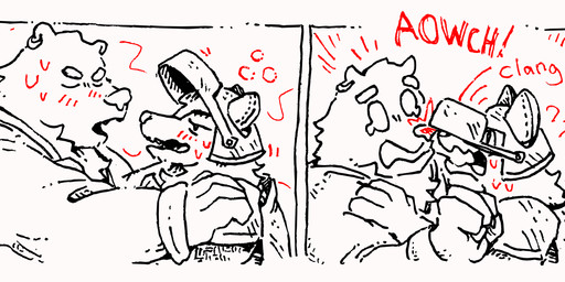 accident anthro armor blush bodily_fluids drunk duo eyes_closed furgonomic_headwear furgonomics headgear helmet humor imminent_kiss male male/male onomatopoeia open_mouth profanity shoulder_pads simple_background sound_effects substance_intoxication sweat tears text white_background patrothewise bear canid canine canis mammal wolf 2023 comic digital_media_(artwork)