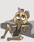 anthro armpit_hair body_hair bulge ear_piercing facial_hair goatee male mattress piercing pillow smile smirk solo peperott cartoon_network the_amazing_world_of_gumball rico_(peperott) hyena mammal spotted_hyena