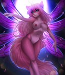 ahoge anthro blue_eyes breasts eyelashes female fingers fur genitals hair nails nipples nude pussy smile solo wings adorableinall mariah_veiethe canid canine canis mammal wolf digital_media_(artwork)