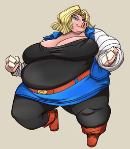 alternate_species anthro belly big_belly big_breasts blonde_hair blue_eyes breasts cleavage clothed clothing female fully_clothed furrification hair huge_breasts looking_at_viewer obese obese_anthro obese_female overweight overweight_anthro overweight_female snout solo thick_thighs hugo_enrique_art dragon_ball dragon_ball_z android_18 domestic_pig mammal suid suine sus_(pig) hi_res