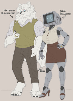 5_fingers anthro biped blue_eyes bottomwear breasts closed_smile clothed clothing directional_arrow duo eyewear female fingers footwear for_a_head fur glasses hair high_heels husband_and_wife machine male married_couple mouth_closed name_drop pants ring screen screen_face shoes smile standing text topwear white_body white_fur auveiss canid canine humanoid mammal object_head robot screen_head 2026 absurd_res english_text hi_res