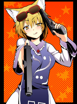 blonde_hair breasts clothing dress dual_wielding eyewear eyewear_on_head female gun hair handgun holding_gun holding_handgun holding_object holding_pistol holding_ranged_weapon holding_weapon inner_ear_fluff looking_at_viewer pistol ranged_weapon solo sunglasses sunglasses_on_head tongue tongue_out tuft weapon wearing_sunglasses white_clothing white_dress yellow_eyes saki_chisuzu touhou ran_yakumo animal_humanoid canid canid_humanoid canine canine_humanoid fox_humanoid humanoid mammal mammal_humanoid 2009