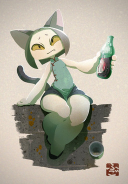 4_fingers anthro belly black_eyes black_tail bottle clothed clothing container ears_up female fingers first_person_view front_view frown holding_bottle holding_container holding_object simple_background sitting solo tail thick_thighs white_body white_skin wide_hips yellow_eyes fu_go_fu_go felid feline felis mammal 2025 digital_drawing_(artwork) digital_media_(artwork) hi_res