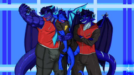 anthro blue_body blue_eyes bottomwear carrying_another clothing electronics group hug jacket male male/male markings membrane_(anatomy) membranous_wings musclegut muscular open_mouth overweight pants phone selfie shirt shorts skinny sleeveless_clothing sleeveless_jacket slightly_chubby smile standing struggling tail tail_markings teeth tongue tongue_out topwear trio wings ycadouxe mythology christopher_wyvern dragon mythological_creature mythological_scalie scalie hi_res