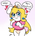 anthro arms_bent bent_ear blonde_hair blue_ear_piercing blush blush_lines bottomless bottomless_anthro bottomless_female breasts closed_smile clothed clothed_anthro clothed_female clothing crown eyelashes eyeshadow fake_tail featureless_crotch female female_anthro fur gem hair hand_pawpads headgear heart_symbol hearts_around_head light long_ears long_hair makeup mitten_hands mouth_closed no_eyebrows noseless pawpads pink_clothing pink_eyeshadow pink_shirt pink_topwear purple_background sapphire_(gem) shirt simple_background smile solo standing tan_body tan_inner_ear tan_pawpads tan_skin text thinking thought_bubble topwear white_body white_fur robotic_pastries mario_bros mario_plus_rabbids_kingdom_battle nintendo raving_rabbids rayman_(series) ubisoft rabbid_peach lagomorph mammal rabbid 2023 colored crossover digital_drawing_(artwork) digital_media_(artwork) english_description english_text lighting portrait signature three-quarter_portrait