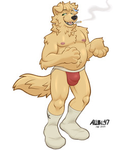 anthro belly black_nose blue_highlights bulge cigarette clothing fluffy footwear fur green_eyes head_tuft highlights_(coloring) inner_ear_fluff jockstrap looking_aside male male_anthro monotone_body mostly_nude_male nipples paws pink_nipples red_clothing red_jockstrap red_underwear simple_background slightly_chubby slightly_chubby_male smile smoking smoking_cigarette socks solo standing tail tan_body tan_fur teeth text three-quarter_view tongue toony tuft underwear whisker_spots white_background white_clothing white_footwear white_socks alibi_47 maxwell_(saberclyde) bird_dog canid canine canis domestic_dog hunting_dog labrador mammal retriever 2025 artist_name dated full-length_portrait hi_res portrait signature