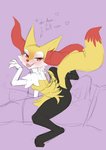 akitokit anthro black_body black_fur blush bottomwear braixen breasts bulge chest_tuft clothed clothing colored dialogue duo english_text erection erection_under_clothing eyelashes fangs female female_on_human fluffy fluffy_tail fur generation_6_pokemon genitals heart_symbol hot_dogging human human_on_anthro inner_ear_fluff interspecies larger_human larger_male looking_back male male/female male_on_anthro mammal narrowed_eyes nintendo on_bottom on_lap on_top open_mouth pawpads penis pokemon pokemon_(species) pokephilia red_body red_eyes red_fur red_nose sex short_stack shorts sitting_on_lap size_difference small_breasts smaller_anthro smaller_female smile solo_focus spread_legs spreading tail teeth tenting text tuft two_tone_tail white_body white_fur yellow_body yellow_fur