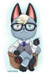 anthro black_ears black_nose black_tail bottomless cat_bed clothed clothing crossed_legs eyewear fur glasses green_eyes grey_body grey_fur hair heterochromia holding_object leg_markings male markings multicolored_body multicolored_fur necktie pawpads pet_bed pink_inner_ear rectangular_glasses shirt sitting socks_(marking) solo tail topwear toy_mouse vest white_hair yellow_eyes loihtuja animal_crossing nintendo raymond_(animal_crossing) domestic_cat felid feline felis mammal 2020 digital_drawing_(artwork) digital_media_(artwork) full-length_portrait portrait