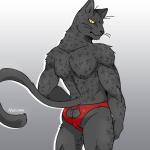 anthro biped black_nose butt clothed clothing grey_background looking_at_viewer male muscular muscular_anthro muscular_male simple_background solo speedo standing swimwear topless whiskers kemo_nuko domestic_cat felid feline felis mammal 1:1