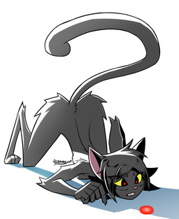 acting_like_a_cat anthro black_body black_fur black_hair digitigrade feet female female_anthro fur hair laser laser_pointer monotone_body monotone_fur nude nude_anthro nude_female short_hair simple_background solo white_background gatonejo mono_(gatonejo) domestic_cat felid feline felis mammal 2026 digital_drawing_(artwork) digital_media_(artwork) hi_res signature