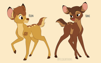 alternate_species black_eyebrows brown_body brown_fur brown_nose duo eye_contact eyebrows eyelashes female feral fur hooves inner_ear_fluff looking_at_another male orange_body orange_fur quadruped red_nose simple_background snout tail text toony tuft young young_female young_feral young_male felixcartoons bambi_(film) disney the_lion_guard the_lion_king kion_(the_lion_guard) rani_(the_lion_guard) deer mammal colored digital_drawing_(artwork) digital_media_(artwork) english_text flat_colors hi_res