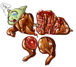 abuse ambiguous_feral ambiguous_gender animal_abuse bodily_fluids character_prepared_as_food cooked cross_section crying dialogue feral food fur gore gore_focus green_body green_eyes green_fur meat pain sauce solo spines suffering tears text torture young young_ambiguous yellowcottoncandy030 fluffy_pony fluffy_pony_(species) mammal english_text hi_res