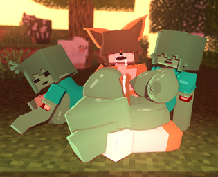 anthro big_breasts bodily_fluids breasts clothed clothing cum drooling female forest genital_fluids genitals green_body group hair hair_over_eyes hot_dogging huge_breasts male male/female nipples on_ground penis photo_background plant saliva sex sitting topless tree trio coresvoid microsoft minecraft mojang xbox_game_studios boobs_(character) bovid bovine canid canine canis caprine cattle domestic_dog mammal sheep undead zombie photography_(artwork)