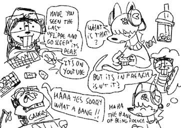 anthro baguette beverage bread bubble_tea candy chocolate clothing dessert dialogue duo female female/female food gaming headset_microphone implied_french speech_bubble text text_on_clothing wahlgo robot_(wahlgo) zelda_(wahlgo) beaver canid canine canis domestic_dog mammal rodent english_text monochrome sketch