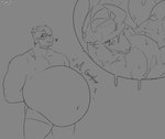 anthro duo eyewear genitals glasses male muscular nipples oral_vore penis simple_background size_difference smaller_pred smile tongue tongue_out vore markusd anthony_drescar_(markusd) death_(entitropy) death_(personification) absurd_res hi_res monochrome