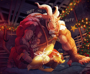 abdominal_bulge abs anal anal_penetration anthro anthro_on_anthro anthro_penetrated anthro_penetrating anthro_penetrating_anthro balls big_penis bodily_fluids bottomless breath clothed clothing cross-eyed cum cum_in_ass cum_in_hair cum_inside cum_on_balls cum_on_hat cum_on_head cum_on_leg cum_splatter cumshot dominant duo ejaculation emanata excessive_cum excessive_genital_fluids facial_hair flash_emanata from_front_position genital_fluids genitals hair half-closed_eyes holidays horn humanoid_genitalia humanoid_penis large_penetration larger_dom larger_male leaking_cum male male/male male_penetrated male_penetrating male_penetrating_male motion_outline muscular muscular_anthro muscular_male narrowed_eyes open_mouth panting pantsless pecs penetration penile penile_penetration penis penis_in_ass penis_size_difference plap plap_(sound) questionable_consent seductive sex shirt shirt_only size_difference smaller_male smaller_penetrated spread_legs spreading stretched_anus submissive submissive_male t-shirt t-shirt_only tongue tongue_out topwear topwear_only kiddie_jukes christmas dead_by_daylight daxterdingo krampus the_trapper_(dead_by_daylight) bovid canid canine canis caprine caprine_demon demon dingo goat_demon mammal absurd_res alternate_version_at_source hi_res
