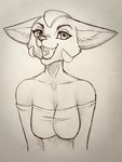 2019 anthro bare_shoulders breasts canid canine cleavage clothed clothing eyelashes fara_phoenix female fennec_fox fox half-length_portrait hi_res inner_ear_fluff looking_at_viewer mammal monochrome naaraskettu nintendo open_mouth portrait simple_background sketch solo star_fox true_fox tuft