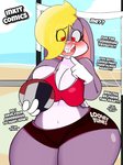 2019 3:4 anthro ball beach big_breasts binky_bunny blonde_hair blush bottomwear breasts cleavage clothed clothing curvy_figure dialogue digital_media_(artwork) english_text female fingers fur gloves hair handwear heart_eyes heart_symbol hi_res hotpants hourglass_figure huge_breasts inkit89 lagomorph leporid looking_at_viewer mammal multicolored_body multicolored_fur net purple_body purple_fur rabbit sea seaside shirt shorts simple_background smile solo sport talking_to_viewer tank_top teeth text thick_thighs tiny_toon_adventures tongue topwear volleyball volleyball_(ball) volleyball_net voluptuous warner_brothers water white_body white_fur wide_hips