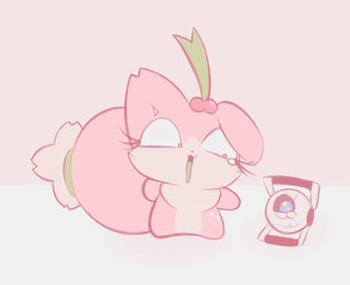 ambiguous_gender cherry chibi duo eyelashes female food fruit fur looking_at_another open_mouth open_smile pink_body pink_fur plant semi-anthro smile clockstops3am conditional_dnp portal_(series) valve valve_corporation cherry_(labbit) space_core_(portal) canid canine fox mammal personality_core_(portal) hi_res pink_theme