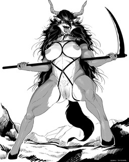 anthro anus big_breasts breasts collar curvy_figure detailed_background female fur genitals hair hooves horn long_hair looking_at_viewer mature_anthro mature_female melee_weapon mostly_nude multicolored_body multicolored_fur muscular muscular_anthro muscular_female nightmare_fuel nipples occult_symbol outside pentagram polearm scythe sharp_teeth solo symbol tattoo teeth tongue tongue_out two_tone_body two_tone_fur voluptuous vulva weapon wide_hips womb_tattoo aoino_broome conditional_dnp canid canine demon mammal hi_res monochrome