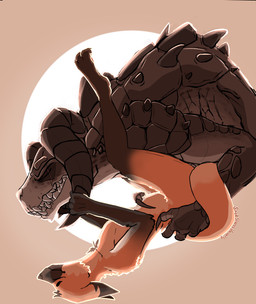 abdominal_bulge black_ears claws clenched_teeth curling_toes duo eyes_closed feet feral fur horn horn_grab male male/male orange_body orange_fur scales side_view spikes spikes_(anatomy) teeth snek_stares_vacantly fallout microsoft canid canine deathclaw mammal maned_wolf scalie