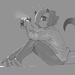 1_eye ahoge bangs beverage big_eyes blush bottomwear clothed clothing dipstick_tail femboy footwear fully_clothed grey_background hair holding_object legwear long_tail looking_at_viewer markings multicolored_body multicolored_skin multicolored_tail noseless not_furry pants pupils shirt side_view simple_background sitting socks solo tail tail_markings topwear two_tone_body two_tone_skin white_pupils krekk0v ansel_(anaid) cyclops demon horned_tailclops humanoid tailclops_(species) 1:1 greyscale hi_res monochrome
