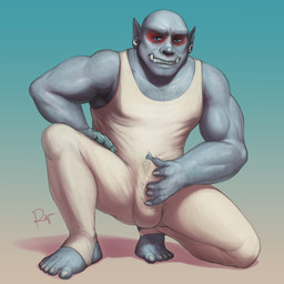 5_fingers 5_toes arm_hair biceps biped blue_eyes bodily_fluids body_hair bulge chest_hair claws clothed clothing erection erection_under_clothing fangs feet fingers front_view fully_clothed genital_fluids genitals gradient_background grey_body grey_skin grin hairy hand_on_own_penis hand_on_penis humanoid_pointy_ears kneeling looking_at_viewer male muscular muscular_humanoid muscular_male not_furry on_one_knee penis plantigrade pointy_ears precum precum_through_clothing simple_background smile solo teeth tight_clothing toe_claws toes unitard wet wet_clothing white_claws rov enoch_kersey humanoid orc 1:1 2019 digital_media_(artwork) hi_res signature