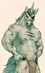 abs anthro areola athletic beard biceps big_muscles biped blue_eyes blue_hair blue_tail bottomwear clothed clothing eye_patch eyewear facial_hair front_view fur green_mane hair hands_on_hips horn loincloth male mane musclegut muscular muscular_anthro muscular_male nipples pecs pose scar simple_background solo standing tail topless vein white_body white_fur pockyrumz mythology inorog equid equine mammal mythological_creature mythological_equine unicorn 2014