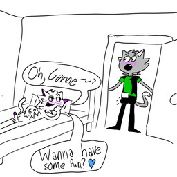 anthro aroused asking bare_chest bed bedroom_eyes belt belt_buckle black_bottomwear black_clothing black_footwear black_jacket black_pants black_shoes black_topwear blush bodily_fluids bottomwear buckle bulge chest_fur clothed clothed/nude clothed_anthro clothed_male clothing corner crotch_lines cute_fangs dialogue door door_handle doorknob doorway drooling duo emoji erection erection_under_clothing eyebrows fangs footwear foreskin fur furniture genitals glans green_clothing green_shirt green_topwear grey_arms grey_body grey_face grey_fur grey_tail head_tuft heart_pupils heart_symbol inside inviting inviting_to_sex jacket lustful_gaze lying lying_on_bed male male/male messy_fur narrowed_eyes nude nude_anthro nude_male o_o on_back on_bed open_door open_mouth pants paws penis pillow pointy_nose pose purple_ears purple_nose raised_eyebrow raised_eyebrows saliva seductive shirt shirtless shirtless_anthro shirtless_male shocked shoes simple_background speech_bubble standing stare surprised tail teeth text toony topwear tuft two_tone_tail waiting white_arms white_background white_belt white_body white_ears white_fur white_legs white_nose white_tail white_torso beefyboi gameboycat street_catz blitz_(street_catz) game_(street_catz) domestic_cat felid feline felis mammal 1:1 digital_media_(artwork) english_text hi_res signature