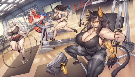 abs big_breasts bottomwear breasts cleavage clothed clothing ear_piercing ear_ring exercise female group gym horn huge_breasts jump_rope nipple_outline nipple_piercing nipples piercing piercing_outline ring_piercing shorts gofa animal_humanoid cat_humanoid felid felid_humanoid feline feline_humanoid horned_humanoid human humanoid mammal mammal_humanoid 2022 absurd_res colored hi_res