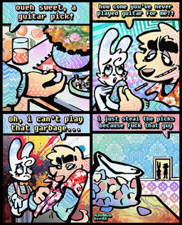 4_panel_comic aloha_shirt anthro bow_tie cheek_spots cheek_tuft cigarette cigarette_in_mouth clothing dialogue duo facial_tuft floppy_ears fur guitar_pick half-closed_eyes humor male narrowed_eyes object_in_mouth overalls pattern_clothing pattern_shirt pattern_topwear shirt smoking_tobacco speech_bubble text topwear tuft white_body white_fur yellow_body yellow_fur rawdawgcomics bingus_(rawdawgcomics) stahli_(rawdawgcomics) bird_dog canid canine canis domestic_dog golden_retriever hunting_dog lagomorph leporid mammal rabbit retriever comic english_text hi_res